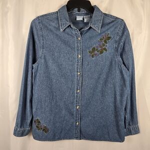 Vintage Holiday Editions Winter Holly Embroidered Women Denim Shirt Size Large